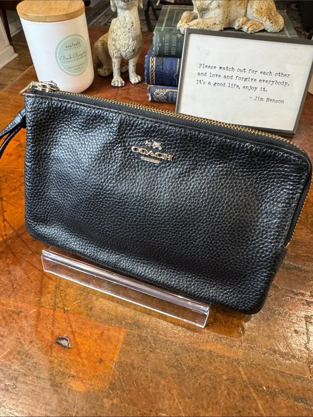 Coach Black Pebbled Leather Wristlet Pouch with Gold Hardware - Picture 1 of 9